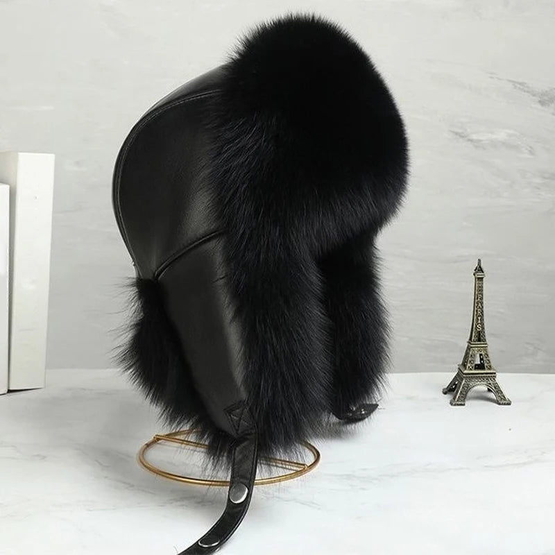 AIERTU  - Fur Hat Women Black Fox Fur Ushanka Hats Winter Warm Ears Bomber Cap Thick Hat Windproof Ear Flaps Middle Aged Cold Weather Aiertu