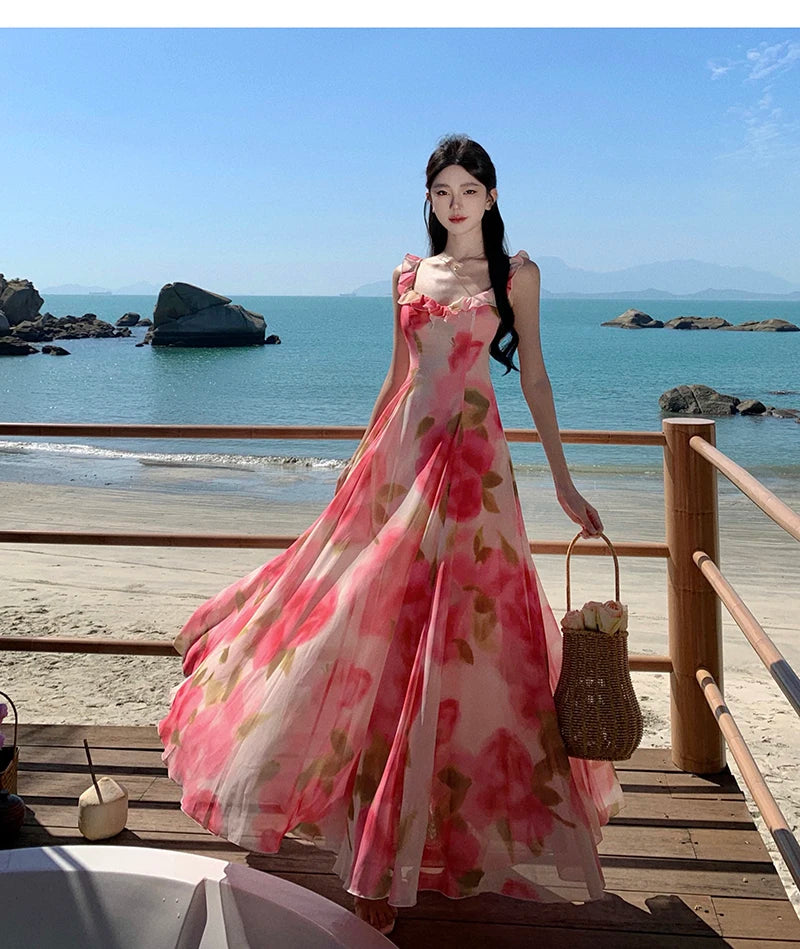 Aiertu Women Pink Floral Ruffles Slip Dress Summer Printed Festival Long Dresses Backless Slim Elegant Evening Party Sundress Boho Aiertu