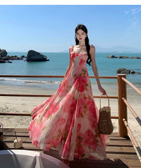 Aiertu Women Pink Floral Ruffles Slip Dress Summer Printed Festival Long Dresses Backless Slim Elegant Evening Party Sundress Boho Aiertu