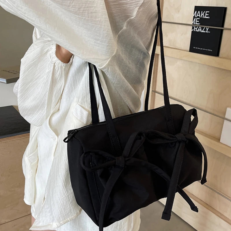 New Korean Bow Nylon Shoulder Bag Fashionable and Sweet Design Tote Bag Folded Large Capacity Commuter Women's Handbag Aiertu