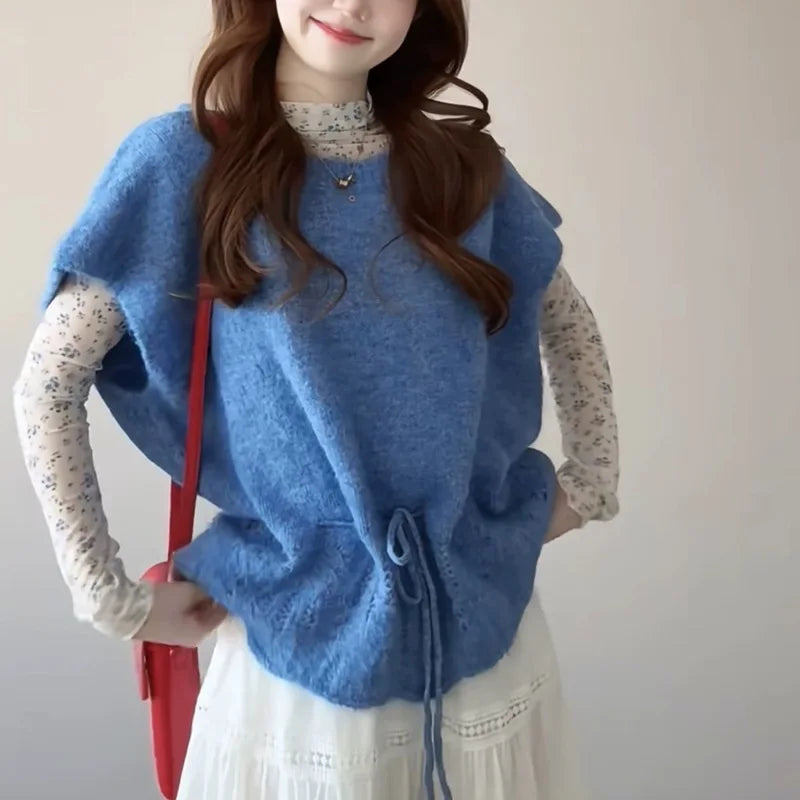 AIERTU  - Spring French Blue Short Sleeve Pullovers Batwing Sweaters New Design Drawstring Lace Up Women'S Wave Cut Knitted Tops Y2K Aiertu