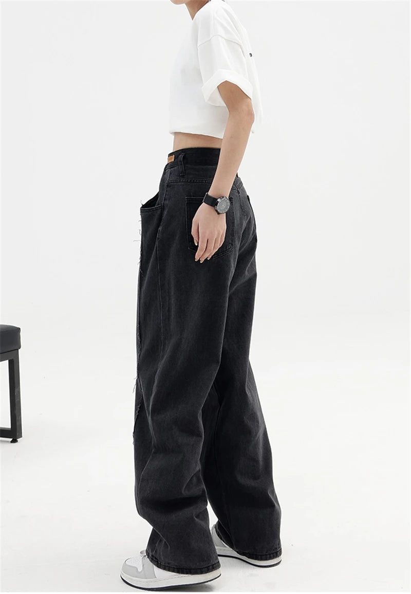Aiertu 2024 Women Baggy  Long Jeans Harajuku Black Wide Leg Trousers Streetwear Vintage High Waist Denim Pants Big Pocket Y2k Feamle Aiertu
