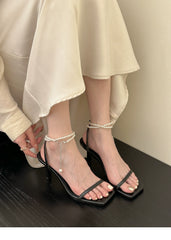 Low Heel Sandals Woman Leather Suit Female Beige Silver Summer High Heels Low-heeled Fashion Comfort Girls High-heeled Sandals Aiertu