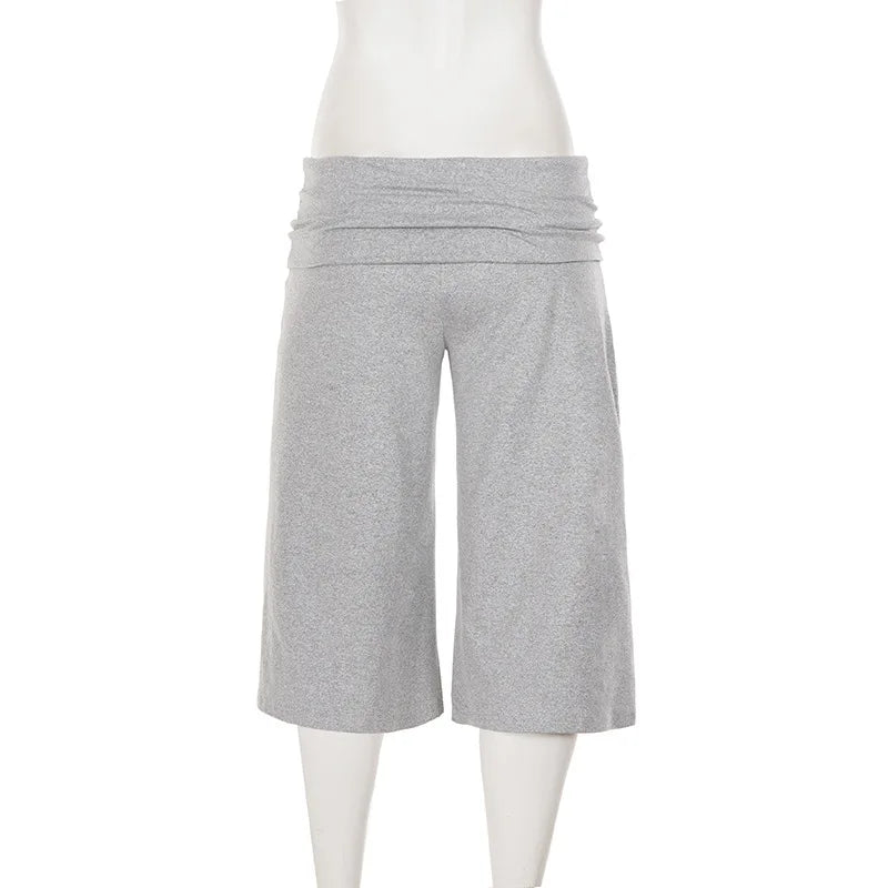 AIERTU  -  Women's Pleated High Waist Casual Solid Color Midi Flare Pants Y2K Overlap Summer Loose Fit Loungewear Bottoms Aiertu
