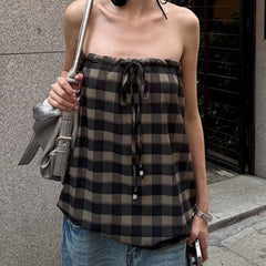 AIERTU  -  Checkered Lace Up Strapless Vest Backless Pure Cotton Drawstring Top Women Retro Sexy Loose And Personality Fashionable Casual Aiertu