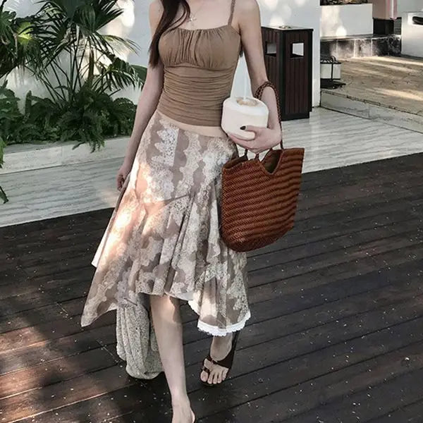 AIERTU  -  New Irregular Lace Splicing Hip Skirt Retro Versatile High Waist Hip Cover Mid-length Skirt Aiertu