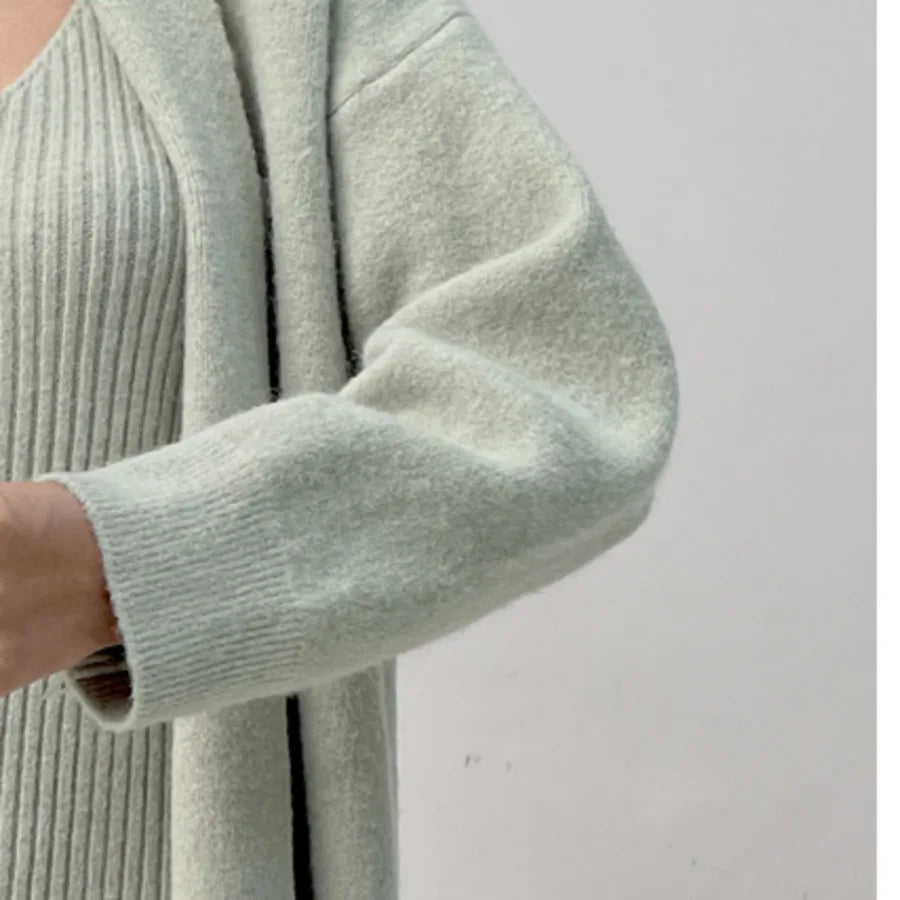 Fall Winter Warm Knitted Dresses 2 Pieces Set For Women Korean Casual V Neck Knit Sweater Dress+long Sleeve Solid Cardigans Suit Aiertu