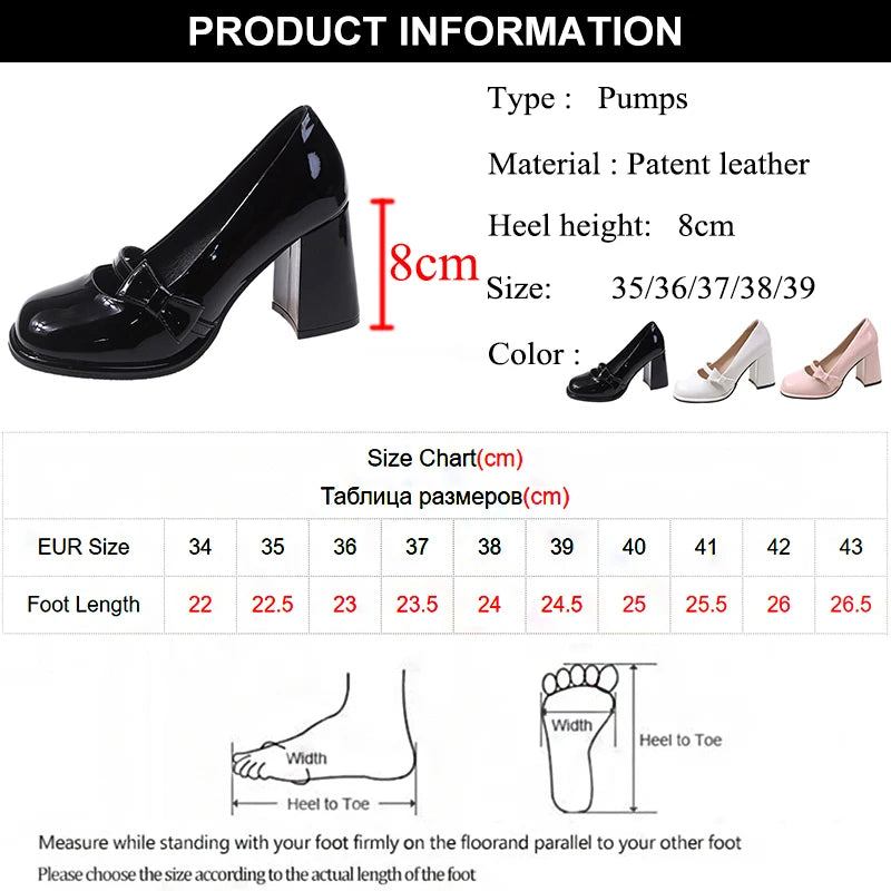 Aiertu Sweet Bowknot High Heels Mary Janes Women Cute Round Toe Patent Leather Pumps Woman Slip-On Square Heeled Bow Party Shoes Ladies Aiertu