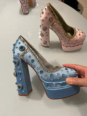 AIERTU  - High-Fashion Custom Blush Satin Platform Heels Purple Gem Crystal Gold Trim & Chunky Block Heel Sweet Elegant Red-Carpet Looks Aiertu