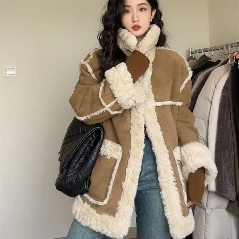 Aiertu Winter Warm Overcoats Women Outwear Casual Y2k Office Lady Vintage Faux Fur Wool Coat Ladies Korean Fashion Khaki Jackets Chic Aiertu