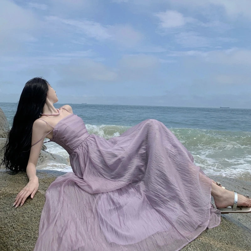 Aiertu Summer Purple Fairy Evening Party Long Dress Women Vintage Sexy Dresses Ladies Spaghetti Strap Tulle Pleated Dress Backless New Aiertu