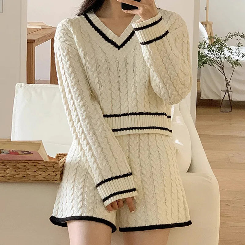 Women Two Piece Sets Long Sleeve Knitted Tops And Shorts Casual Suit Solid Office Sets For Women 2024 Autumn Winter Aiertu
