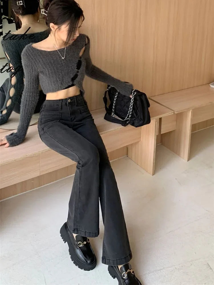 Aiertu Black Gray High-waisted Flared Jeans Women's Retro Straight Elastic Slim Slim Wide-leg Flared Pants Female Trousers Aiertu