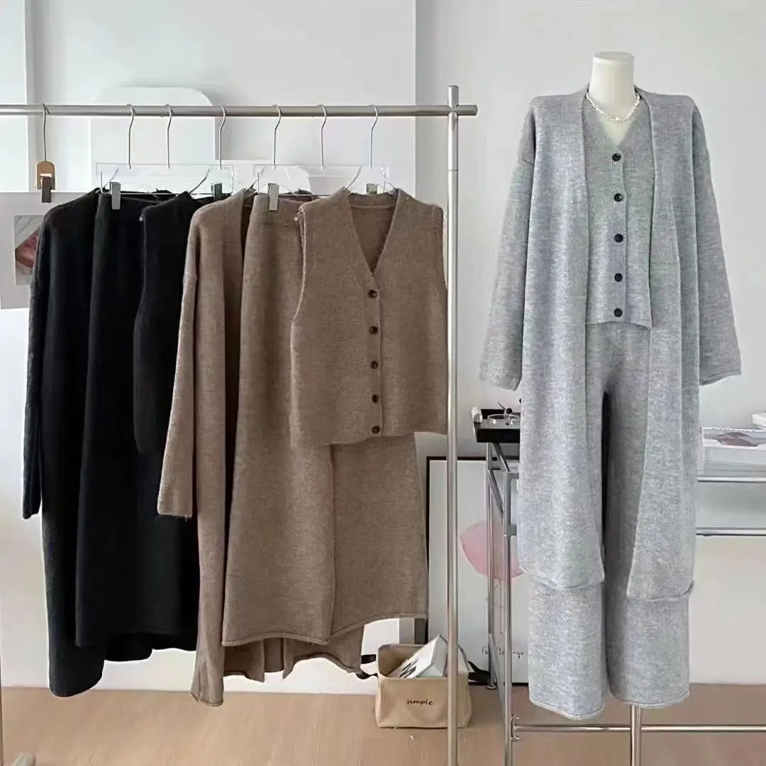 Aiertu Winter French Knitted Suits 3 Piece Set Women Casual Long Cardigan + Vintage Vest + Office Lady Long Pants Korean Fashion Aiertu