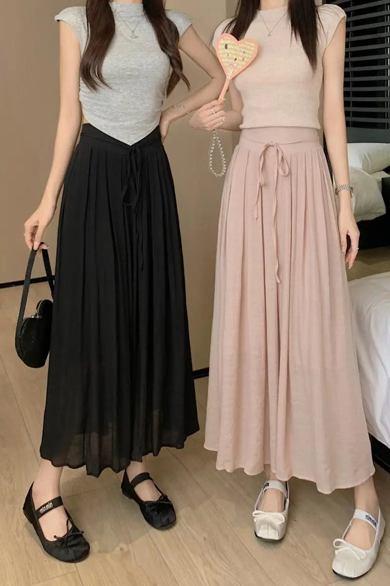 Aiertu Women Elegant High Waist Maxi Lace Up Skirt Summer Ladies Casual Elastic Waist Pleated Long Skirts Fairy A-line Mid Length Aiertu