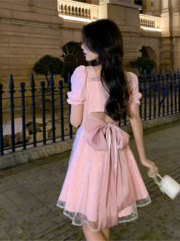Aiertu Women Sweet Pink Puff Sleeve A-line Mini Dress Female Mesh  Square Collar Holiday Dress Shiny Girl Design Dress Aiertu