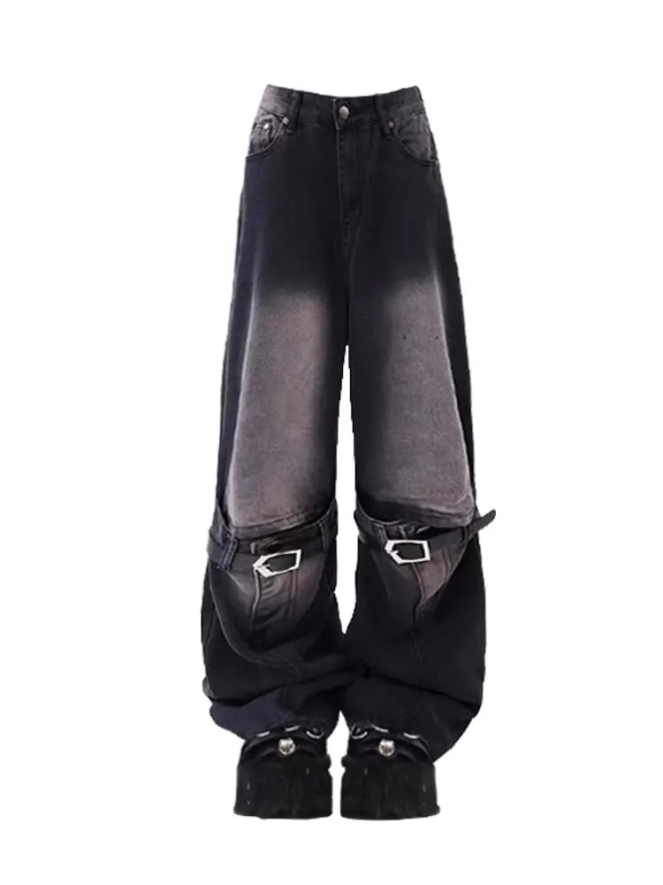 Aiertu 2024 Vintage High Waist Street Style Belted Straight Jeans Gothic Pants Fashion Women's Wide Leg Punk Baggy Y2K Denim Trouser Aiertu