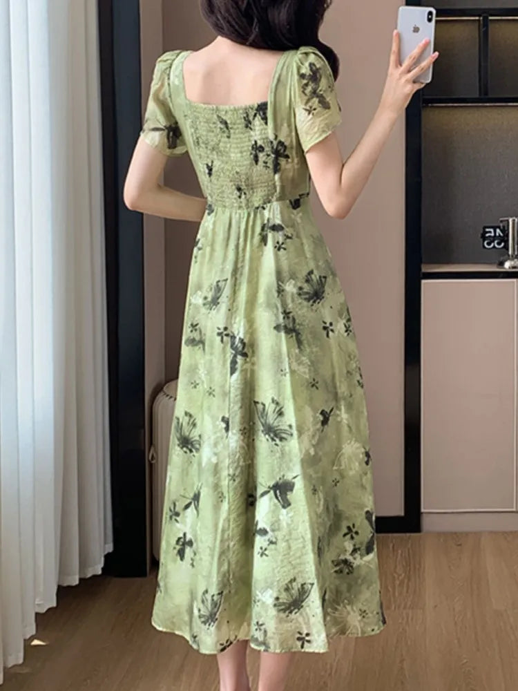 Aiertu New Women Vintage Floral Print Midi Green Dress Elegant Chic A-Line Party Evening Clothes Female Fashion Casual Vestidos Robe Aiertu