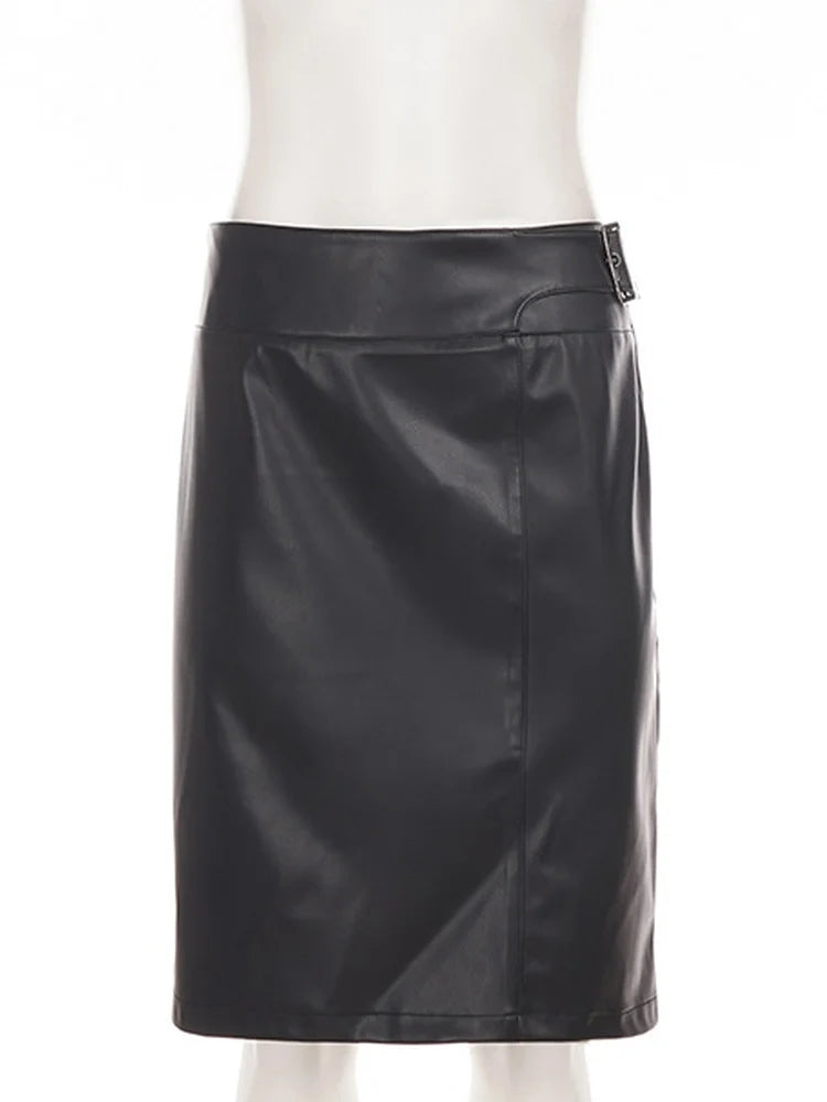 AIERTU  -  PU Bodycon High Waist Midi Skirt Pencil Knee Length Side Zipper Glossy Smooth Night Out Party Solid Color Skirt Aiertu