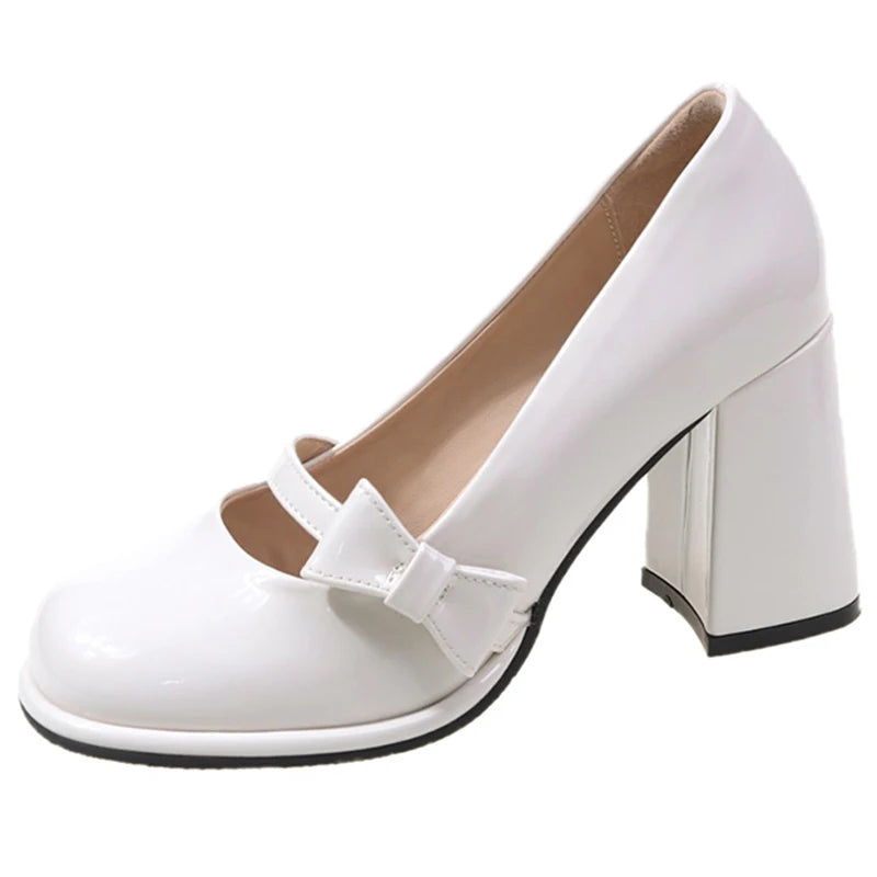 Aiertu Sweet Bowknot High Heels Mary Janes Women Cute Round Toe Patent Leather Pumps Woman Slip-On Square Heeled Bow Party Shoes Ladies Aiertu