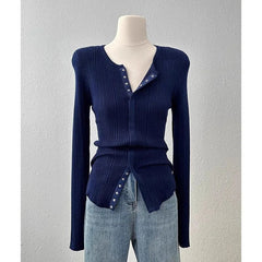AIERTU  -  Women's Black Ribbed Knit Cardigan Button Design Long Sleeve Slim Fit Autumn Casual Fashion Stylish Knit Top Aiertu