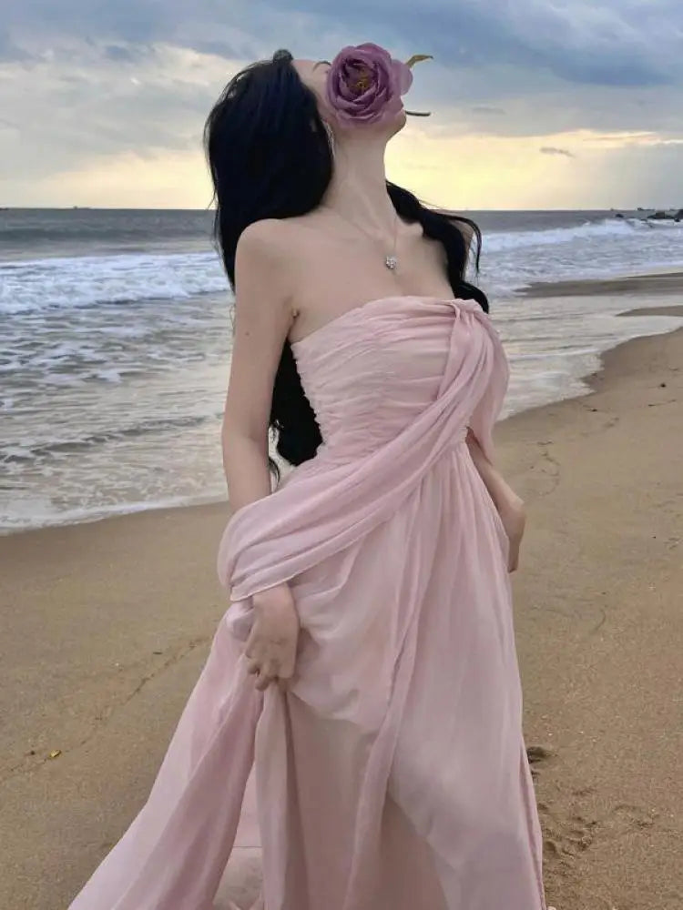 Aiertu Summer Pink Elegant Pleated High Waist Split Long Dress Women Fashion Backless Halter Strapless Fairy Dress Female 2024 Vestido Aiertu