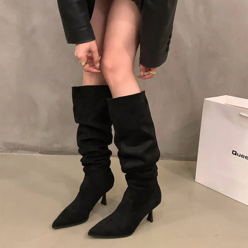 Sexy High Heel Women Knee High Boots Fashion Pleated Slip On Shoes Autumn Winter Ladies Knight Long Booties Aiertu
