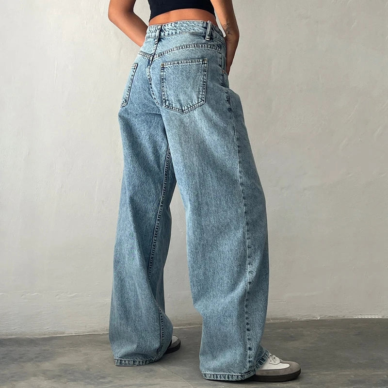 AIERTU  -  Women Y2K Low Rise Baggy Jeans Retro Aesthetic Loose Fit Boyfriend Straight Wide Leg Jeans Trendy Stretch Long Denim Pants Aiertu