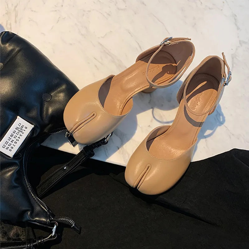 Aiertu Back  to school Modern Heels Pumps Women Round High Heel Leather Square Split Toe Pumps Shoes Spring Summer Sandals Mary Janes Shoes Heels Women Aiertu