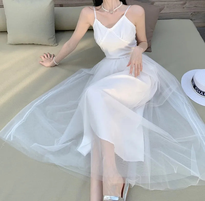 Aiertu Sleeveless Dress Women Mesh Long A-line Black Retro Elegant V Neck Fairy Sexy Pleated Sundress Summer Evening Party Ball Gown Aiertu
