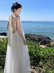 Aiertu French White Loose Halter Bandage Pleated Long Dresses Women Sexy Club Backless Sleeveless Elegant Evening Party Mesh Dress Robe Aiertu