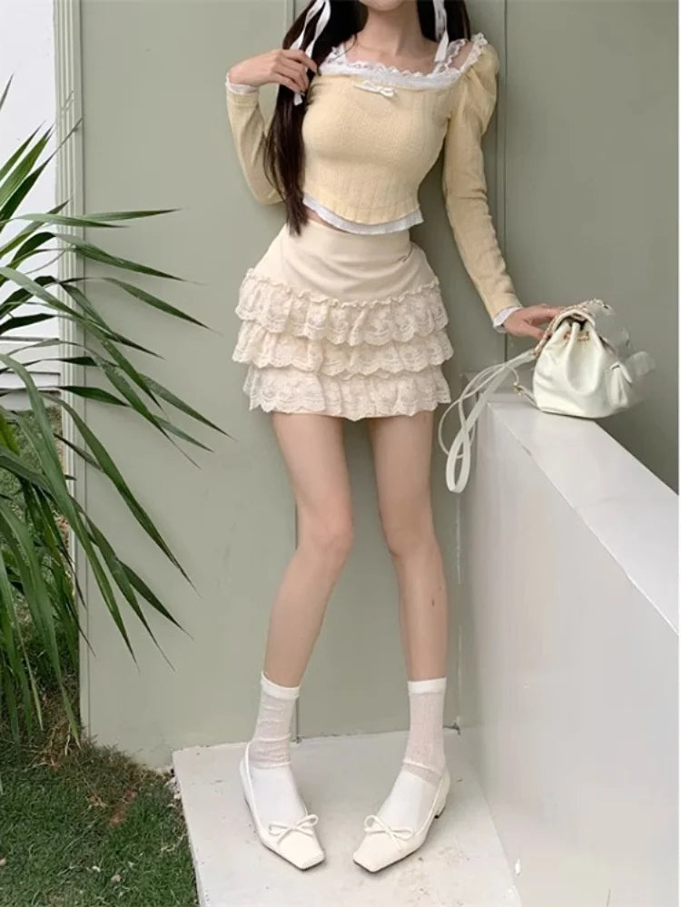Aiertu Fake Two Pieces Square Collar Knitted Top Women Long Sleeve Lace Bow Patchwork Off Shoulder T-shirt All Match Y2k Aesthetic Tees Aiertu