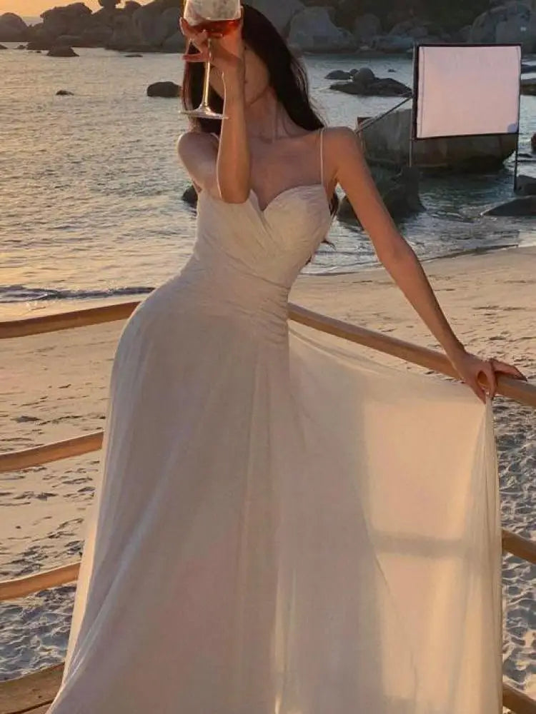 Aiertu French Women White Sexy Club Elegant Backless Birthday Party Maxi Dress Summer Fairy Long Evening Dress Bridesmaids Pleated Robe Aiertu
