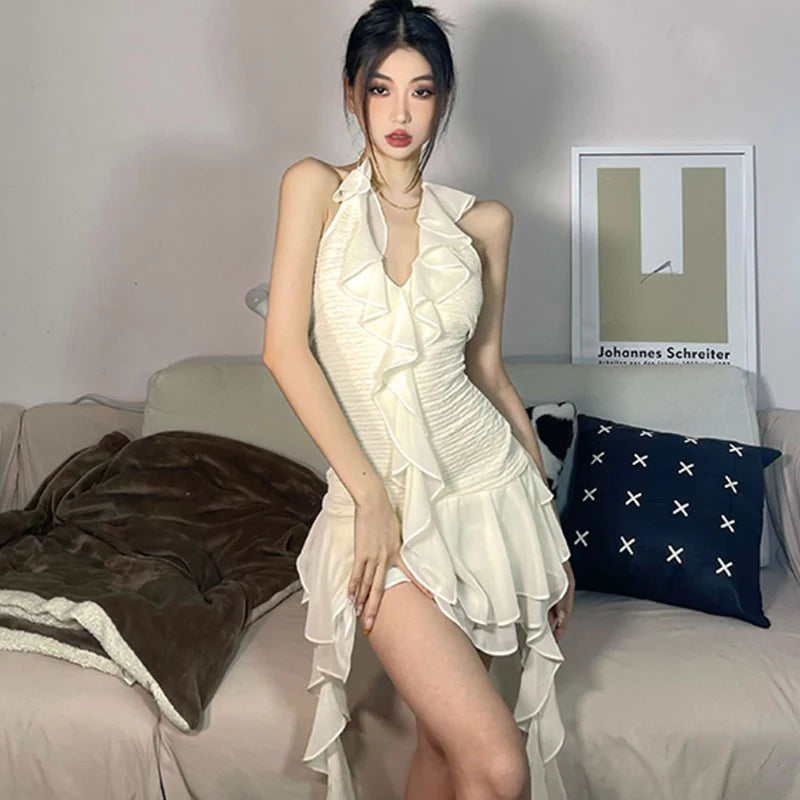 Aiertu French Ruffles Folds Solid Women Dress Fashion High Waist A Line Ladies Mini Dress Summer Sexy Off Shoulder Female Vestidos Aiertu