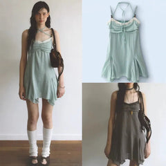 AIERTU  -  Lace Pleats Vintage Strap Chiffon Dress Women Patchwork Strapless Cross Straps Summer Sexy And Sweet Slim Fit Comfortable Dress Aiertu