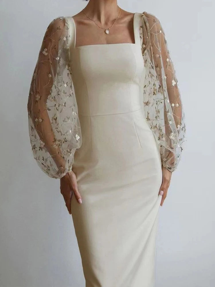 Aiertu Autumn White Dress Women Sexy See Through Lace Embroidery Long Dresses Female Elegant Square Collar Puff Sleeve Slim Party Dress Aiertu