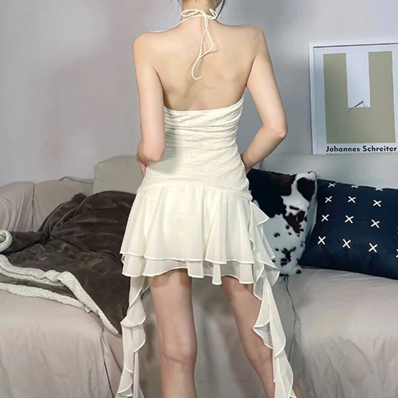 Aiertu French Ruffles Folds Solid Women Dress Fashion High Waist A Line Ladies Mini Dress Summer Sexy Off Shoulder Female Vestidos Aiertu