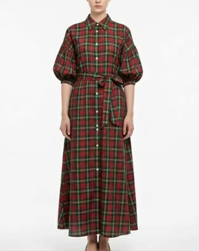 AIERTU  -   Women's New Christmas Elements Green Red Plaid Long Casual Fashion Shirt Dress Long Dress Aiertu