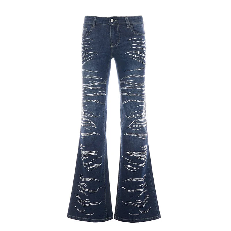 AIERTU  -  Women's Low Waist Flare Jeans Rhinestone Wave Pattern Bootcut Denim Pants Y2K Vintage Slim Fit Bell Trousers Streetwear Outfit Aiertu