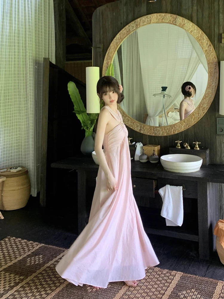 Aiertu 2024 Summer Pink Sexy Sleeveless Midi Dress Sweet Elegant Even Party Dress Beach Chiffon Korean Fashion Dress Female Design Aiertu