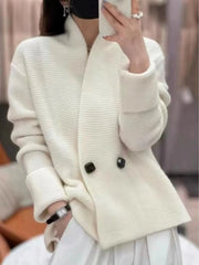 European 100% cashmere knitted cardigan coat Female autumn and winter temperament  loose wool sweater coat Aiertu