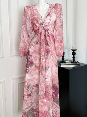 Aiertu Fashion New Women Floral Casual Midi Pink Dress Summer Elegant Chic Bandage A-Line Party Beach Maxi Vestidos Female Robe Clothes Aiertu