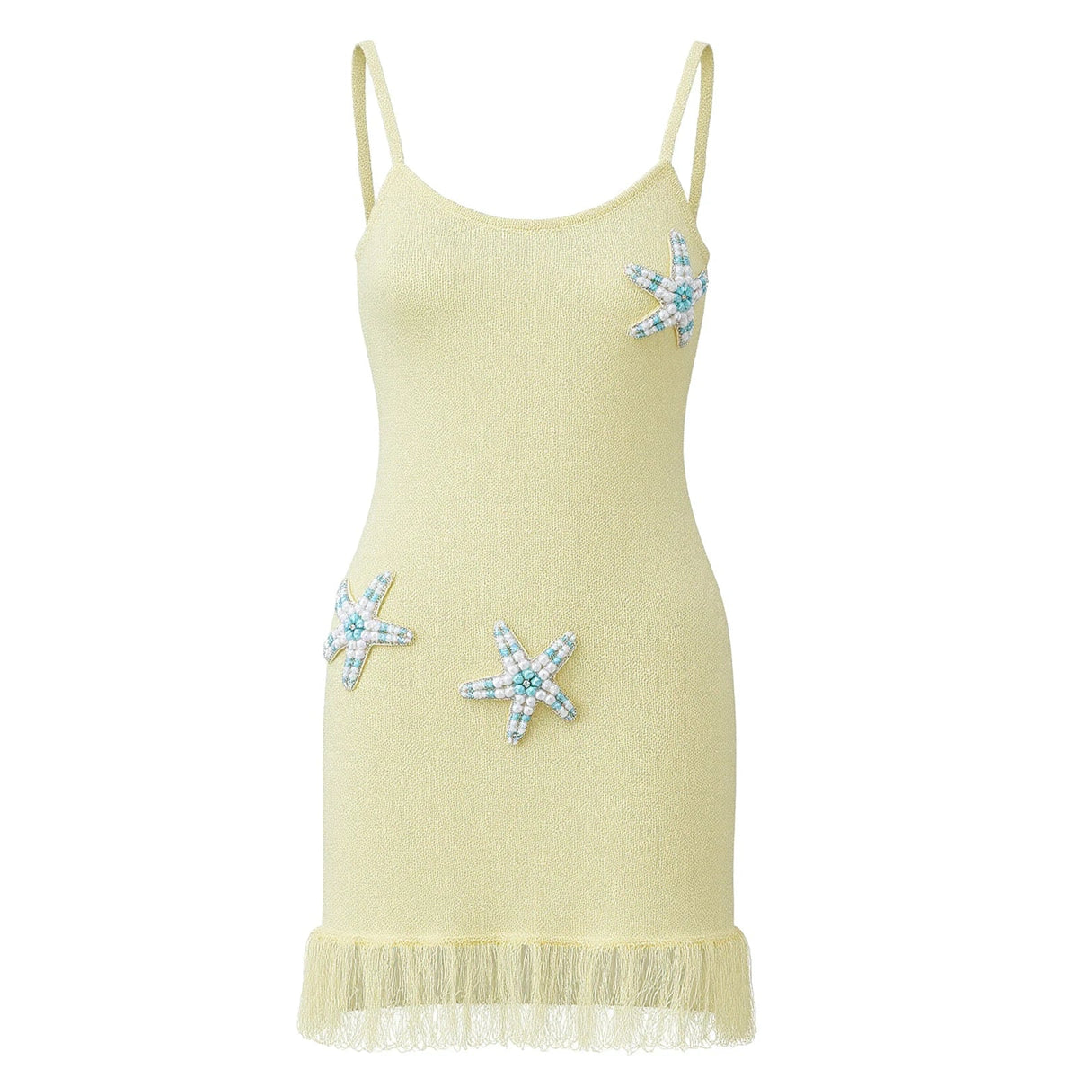 AIERTU  -  Women Y2k Beaded Starfish Knit Bodycon Mini Dress Sexy Sequin Spaghetti Strap Tassel Hem Scoop Neck Slim Beach Party Cami Dress Aiertu