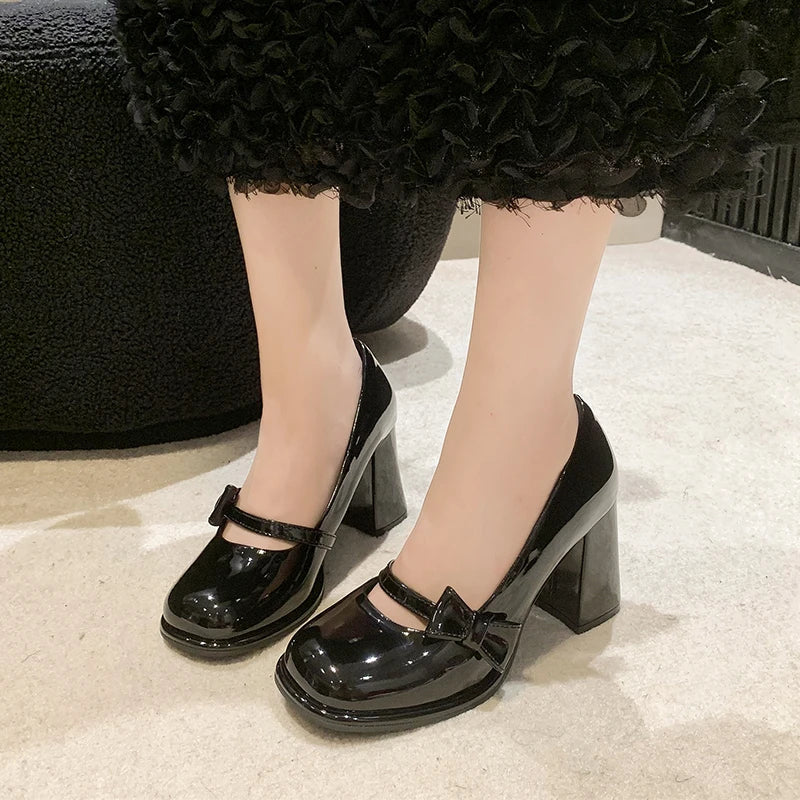 Aiertu Sweet Bowknot High Heels Mary Janes Women Cute Round Toe Patent Leather Pumps Woman Slip-On Square Heeled Bow Party Shoes Ladies Aiertu