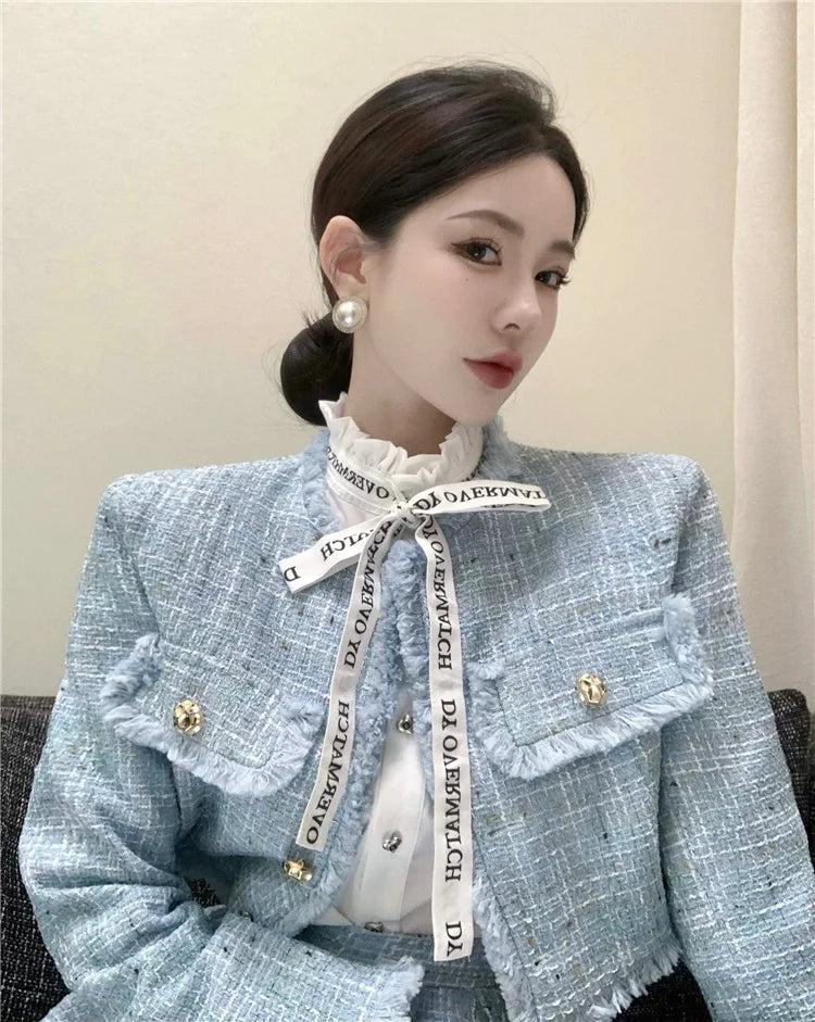 Aiertu High Quality Fashion Tassel Design Small Fragrance 2 Piece Sets Women Outfit Long Sleeve Short Jacket Coat + Pleated Skirt Suits Aiertu