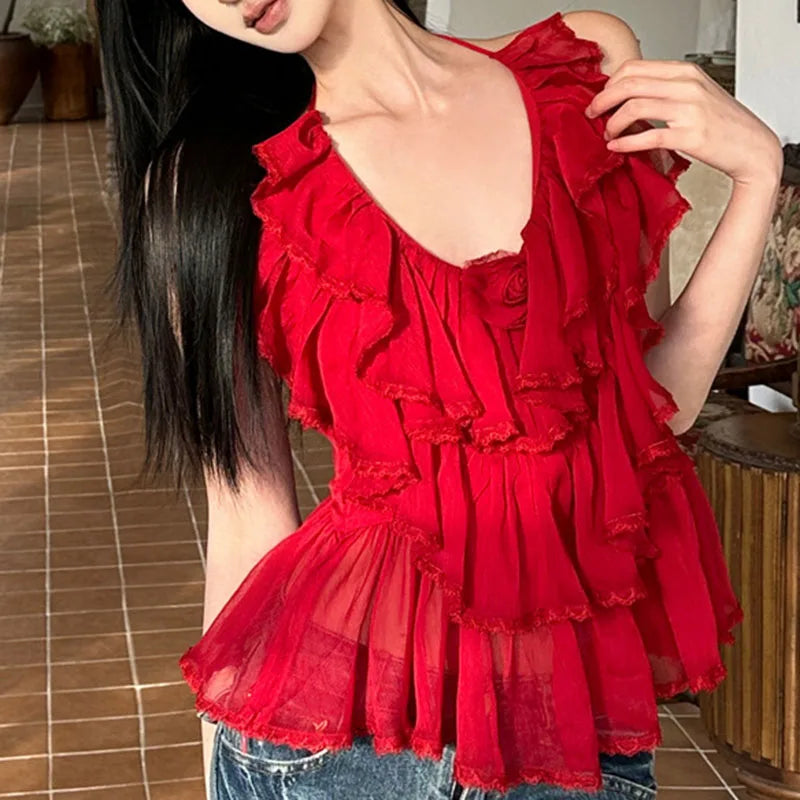 AIERTU  -  Women Camisoles V-neck Retro Ruffle Edge Irregular Pleats Halter Exposed Back Elastic Slim Fit Sexy Temperament Strapless Top Aiertu
