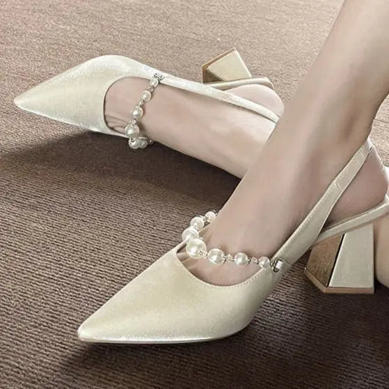AIERTU  -  Elegant Pearl Embellished Pointed Toe High Heels Sandals Women's Fashionable Fairy Tale Style Back Strap Slip-On Party Shoes Aiertu