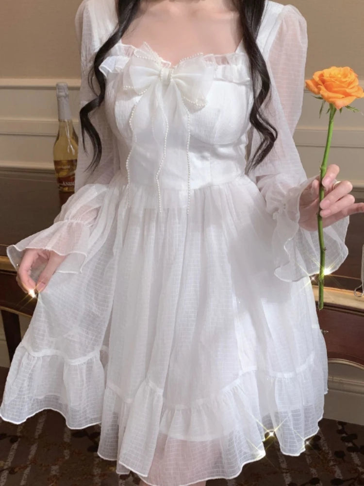 Aiertu White Kawaii Dress Women Chiffon Lolita Style Long Sleeve Mini Dresses Bow Fairy Robe Ruffles Patchwork Square Collar Aiertu