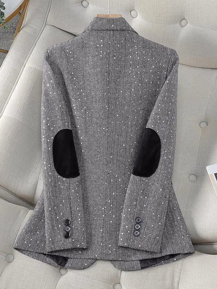 Aiertu 2024 Autumn Retro Gray Splice Plaid Sequins Blazers Coat For Women Brown Elegant Business Vintage Ladies Suit Jacket Fashion Y2k Aiertu