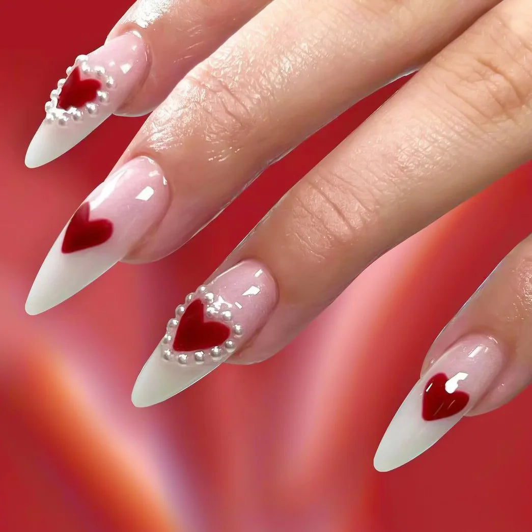 Aiertu 24Pcs Valentine Nails Press on Love Y2k Acrylic Nails Sparkle Butterfly French Cat Eye Almond Full Cover Stick on False Nail Tip Aiertu